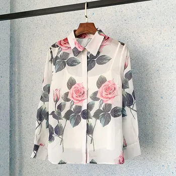 2022 Весна Корейский стиль Женская Высококачественная шифоновая рубашка с длинными рукавами и цветочным Принтом Топы C387