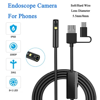 5,5/8 мм USB/Type C Эндоскоп Камера Цифровое Видео Для Android IP68 HD Бороскоп Водонепроницаемый Инспекционный 9 светодиодных Ламп Для Телефонов ПК