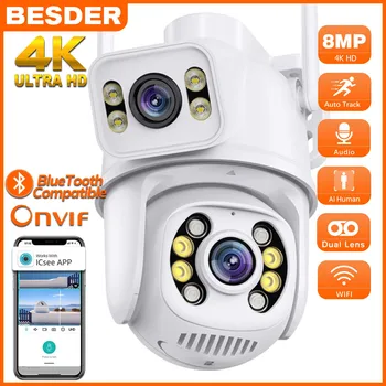BESDER 8MP PTZ Wifi Камера с Двойным Объективом и Двойным Экраном Ai Human Detect 4K Беспроводная Камера Наружного Наблюдения CCTV iCSee App
