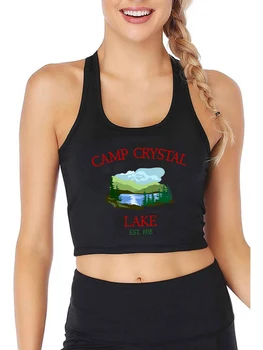 Camp Crystal Lake Graphics, сексуальный облегающий укороченный топ, Женский дизайн для отдыха в кемпинге, топы для занятий спортом на открытом воздухе, Камзол