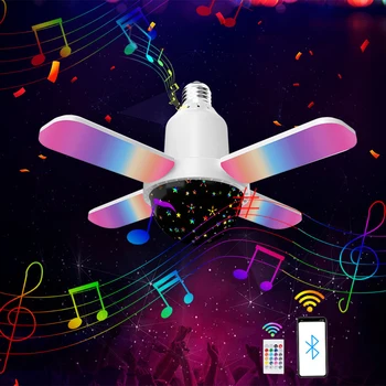 E27 4-Листовая Bluetooth Музыкальная Лампа Складной Светодиодный Музыкальный Вентилятор Проектор Лампа с Дистанционным Управлением Красочная Лампочка Умный Динамик Вентилятор Лампа