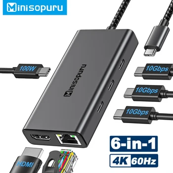 Minisopuru USB C Концентратор 4K @ 60Hz HDMI 10 Гбит/с USB Type c к Multi USB 3,2 RJ45 PD 100 Вт Адаптер для MacBook Pro iMac Разветвитель USB-концентратор