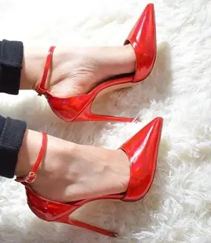 Moraima Snc/ Женские Пикантные туфли-лодочки на высоком каблуке с ремешком на щиколотке и острым носком из красной лакированной кожи на шпильке