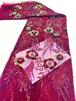 Африканская Кружевная ткань с пайетками 2023 Высококачественная вышивка французская Нигерийская Сетчатая кружевная ткань для шитья свадебного платья Ткань 5 Ярдов