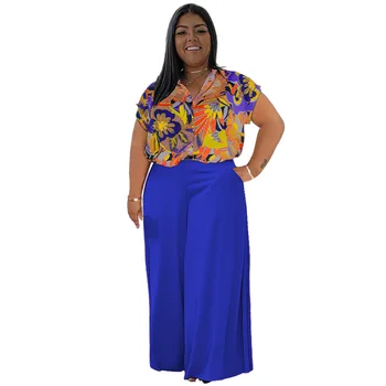Африканская одежда для женщин, летние африканские женские комплекты с V-образным вырезом и коротким рукавом из полиэстера с принтом, 2 предмета, топ, длинные брюки, подходящие комплекты