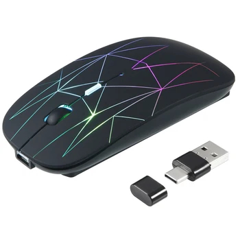 Беспроводная мышь 2,4 G LED Перезаряжаемая тонкая бесшумная мышь с USB и приемником Type C 2 в 1 для компьютеров ноутбуков Черный