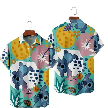 Гавайские Рубашки Stitch, Мужские Летние Рубашки на Пуговицах С коротким Рукавом, Гавайские Рубашки Disney, Рубашки Для Отпуска, Повседневные Пляжные Рубашки, Топы