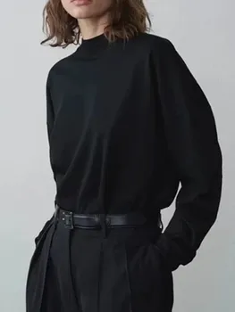 Женская хлопковая футболка с длинными рукавами, однотонный Женский воротник-стойка, Классический пуловер, футболки, топы 2023, ранняя осень