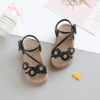 Корейские Милые Детские Сандалии с цветами для девочек, 2023, Летние Новые детские Пляжные туфли с открытым носком в стиле Ретро, Повседневная Обувь на плоской подошве