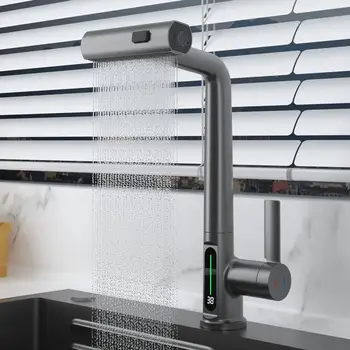 Кухонный кран с водопадом Температурный цифровой дисплей Выдвижной Распылитель горячей и холодной воды Смеситель для раковины Кран для мытья кухни