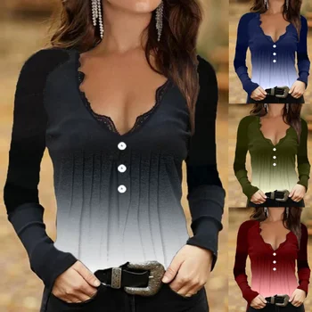 Летняя Женская одежда 2023, Модный повседневный пуловер градиентного цвета с глубоким V-образным вырезом, футболка, Элегантная рубашка с длинным рукавом, однотонный топ