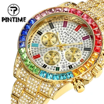 Мужские часы PINTIME с Кристаллами, Модные цветные кварцевые часы с бриллиантами, украшенные льдом, Для мужчин, Рабочие Люминесцентные часы Relojes Hombre
