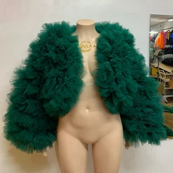 Настоящие Пышные Сетчатые женские топы с пышными оборками, Зеленое Мини-женское пальто для вечеринок, длинные рукава, тюлевые короткие топы для мероприятий, сшитые на заказ