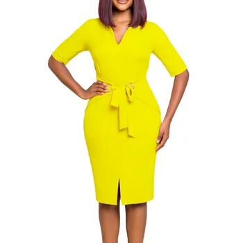 Осенние Элегантные африканские платья для женщин, Африка, половина рукава, V-образный вырез, полиэстер, желтое, черное, синее платье длиной до колен, африканская одежда