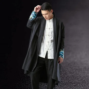 Пальто в китайском стиле, Мужская ветровка средней длины из хлопка и льна с ретро-вышивкой, кардиган большого размера, пальто с длинными рукавами