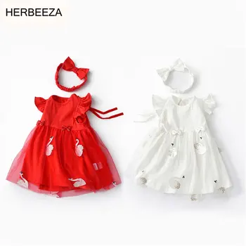 Платье Для маленьких девочек 2022, Летнее Новое Милое Стильное Белое Платье Принцессы с лебедем, Клетчатая юбка трапециевидной формы, Детская Одежда для детей 0-24 месяцев