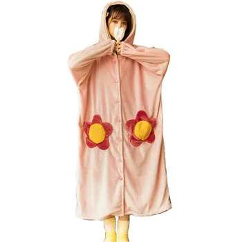 Плюшевая ночная рубашка, женская осенне-зимняя утепленная пижама с капюшоном, длинная Домашняя повседневная одежда Больших размеров, Милые мультяшные цветы