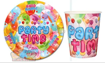 Принадлежности для вечеринки по случаю дня рождения, Одноразовые бумажные тарелки + стаканчики для детского дня рождения, 100 шт. (50 чашек + 50 тарелок)