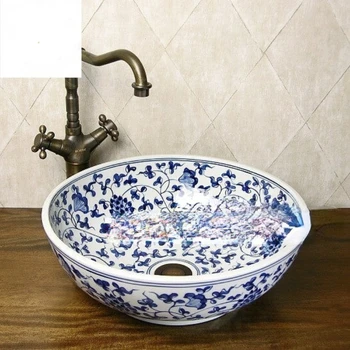 Ручная роспись Цзиндэчжэнь, синий и белый фарфор, керамический умывальник, раковина для ванной комнаты