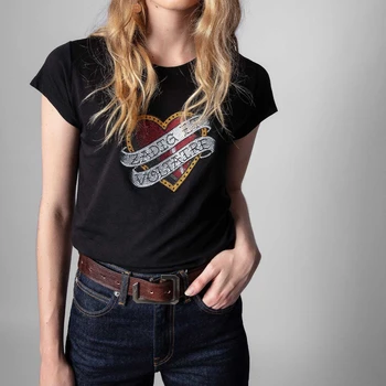 Сандро Риверс, Новая хлопковая футболка с коротким рукавом и круглым вырезом в стиле Стрит, черные футболки для девочек с любовным письмом и бриллиантами