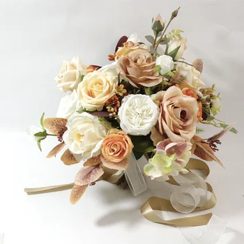 Свадебные букеты из жженых оранжевых цветов для новобрачных, букет из искусственных шелковых роз для свадебного декора, центральное украшение свадьбы