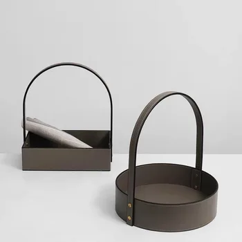 Современная минималистичная кожаная круглая прямоугольная корзина для хранения лотков, креативное украшение фруктового лотка, комната для образцов рабочего стола