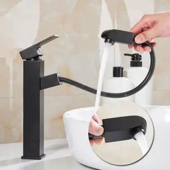 смеситель для раковины в ванной, латунный водопроводный кран, кран для раковины в ванной, с выдвижной насадкой для душа, однорычажный смеситель для мытья головы, черный