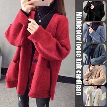 Женский осенне-зимний вязаный кардиган в корейском стиле, модный повседневный свитер свободного размера, свободное пальто с длинным рукавом