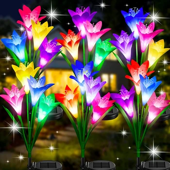 Солнечные уличные цветочные светодиодные фонари, Садовый декор, Лампа в виде Цветка Лилии, 7 цветов, меняющих Водонепроницаемые солнечные фонари