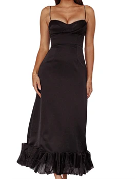 Элегантное однотонное облегающее платье-комбинация с кружевной отделкой с оборками и открытой спиной для женщин, длинное платье на бретельках